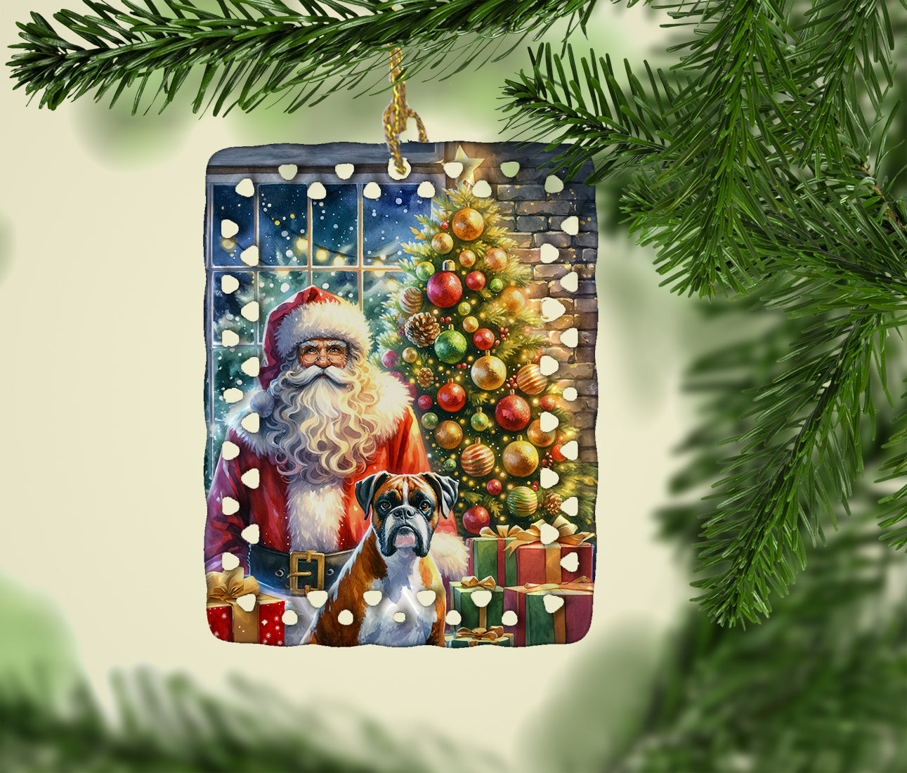 Boxer and Santa Claus Porcelain Ornament