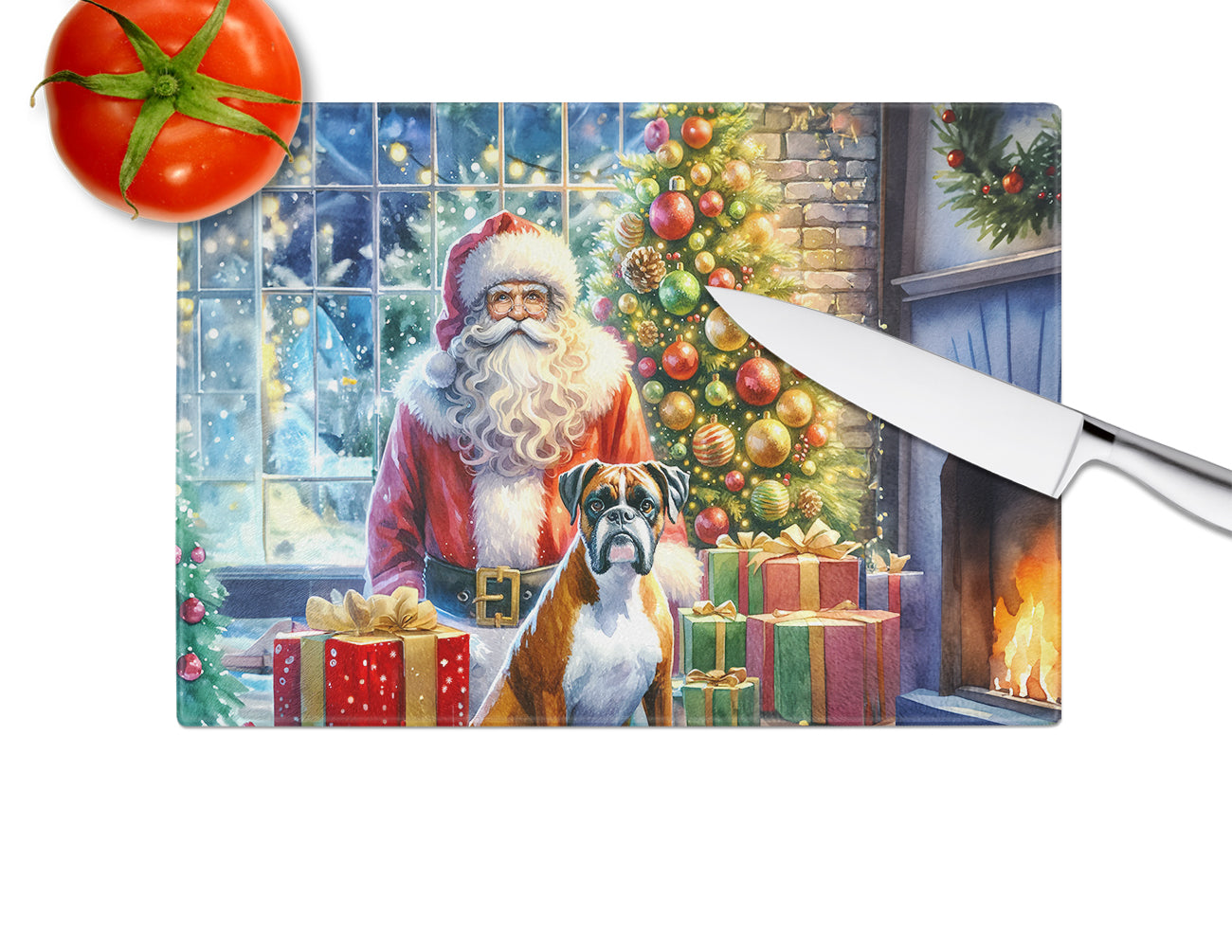 Boxer and Santa Claus Glass Cutting Board