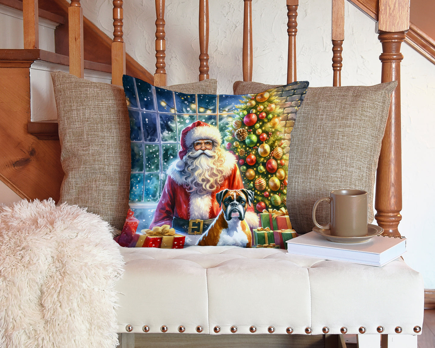 Boxer and Santa Claus Throw Pillow