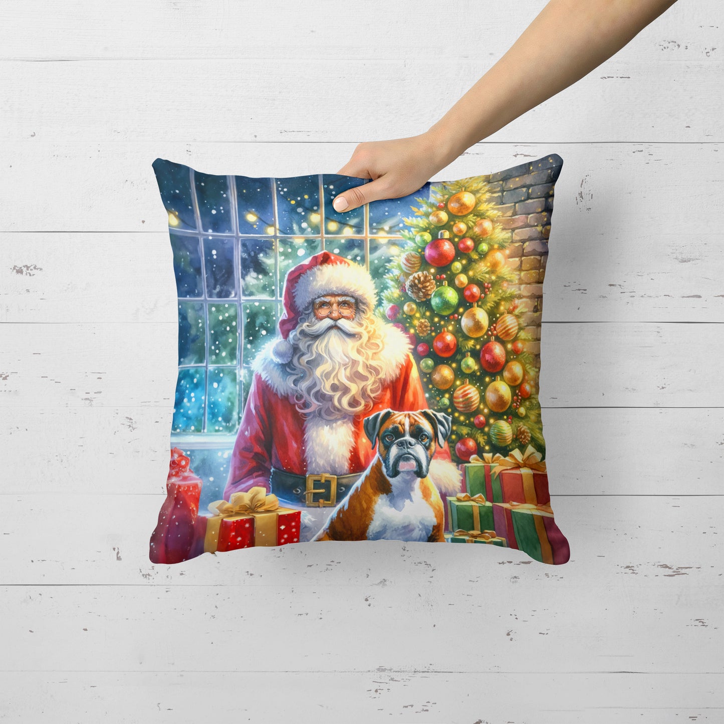 Boxer and Santa Claus Throw Pillow