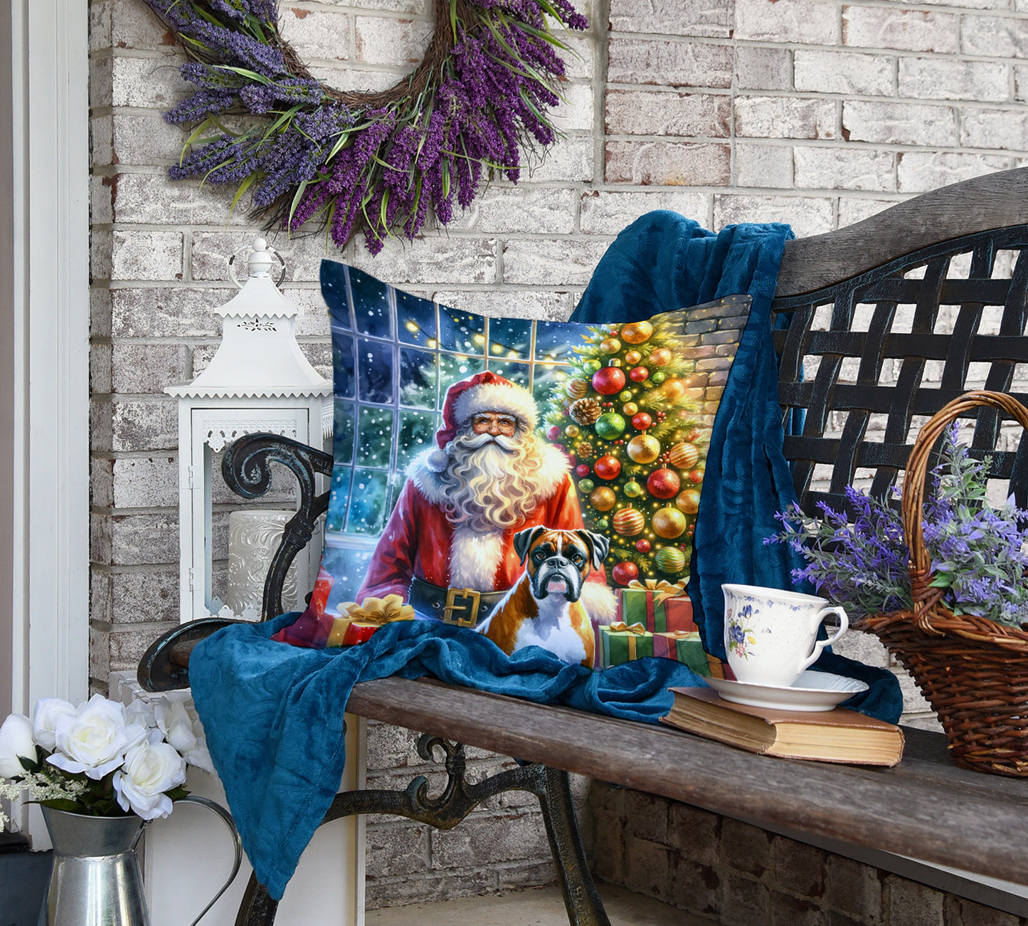 Boxer and Santa Claus Throw Pillow