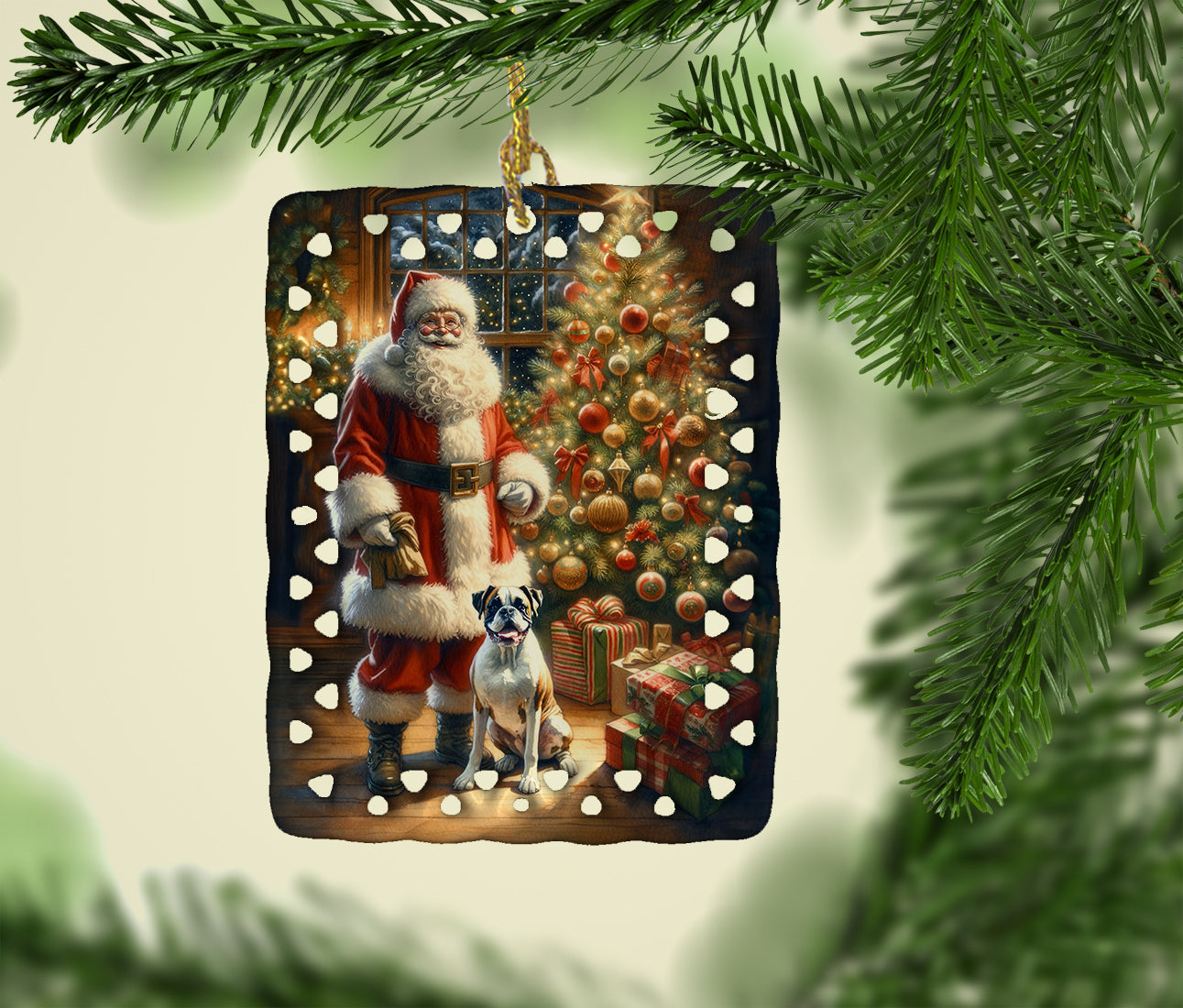 Boxer and Santa Claus Porcelain Ornament