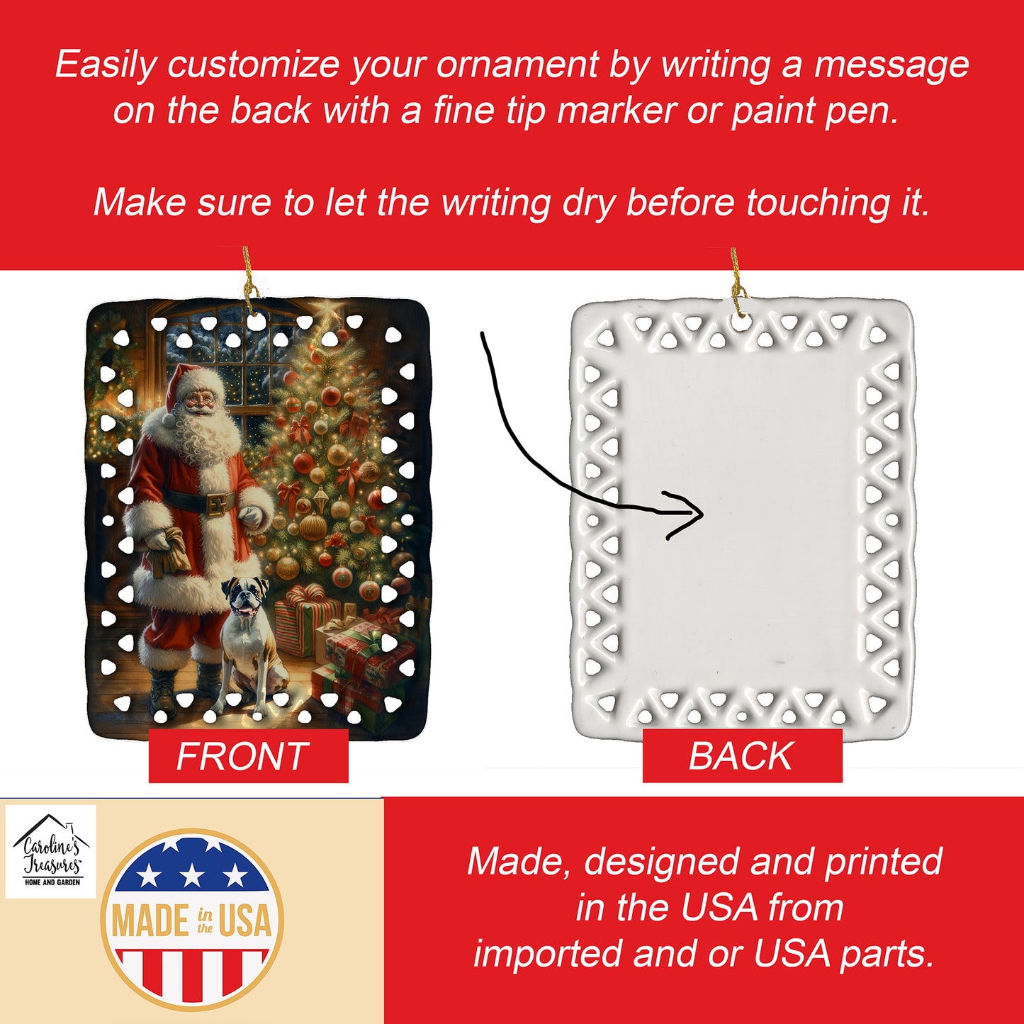Boxer and Santa Claus Porcelain Ornament