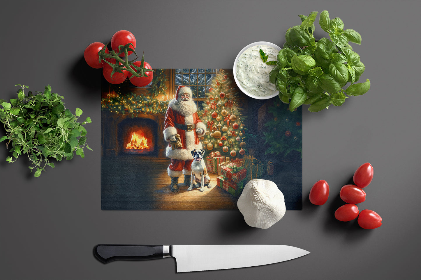 Boxer and Santa Claus Glass Cutting Board