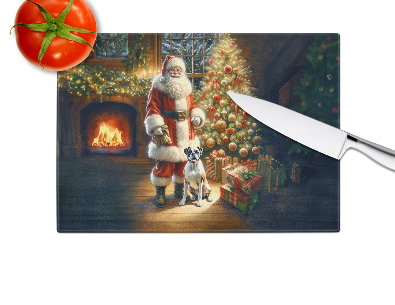 Boxer and Santa Claus Glass Cutting Board