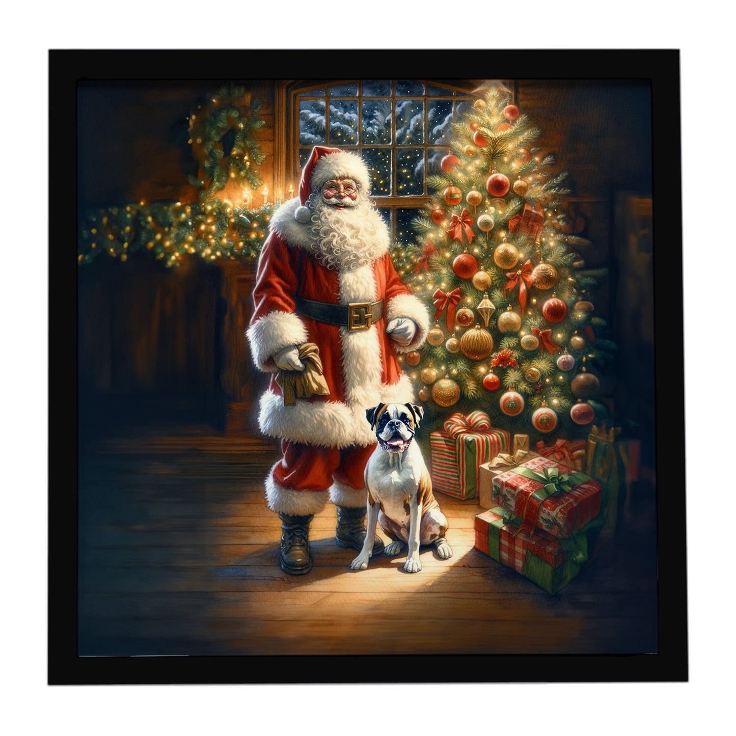 Buy this Boxer and Santa Claus Framed Metal Print
