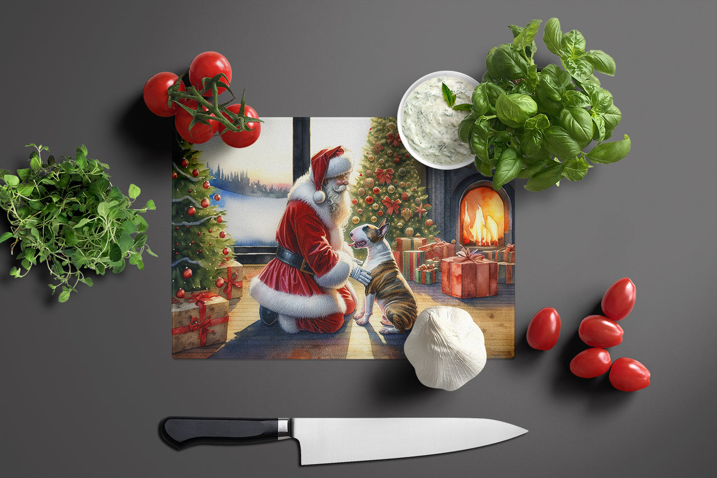 Bull Terrier and Santa Claus Glass Cutting Board