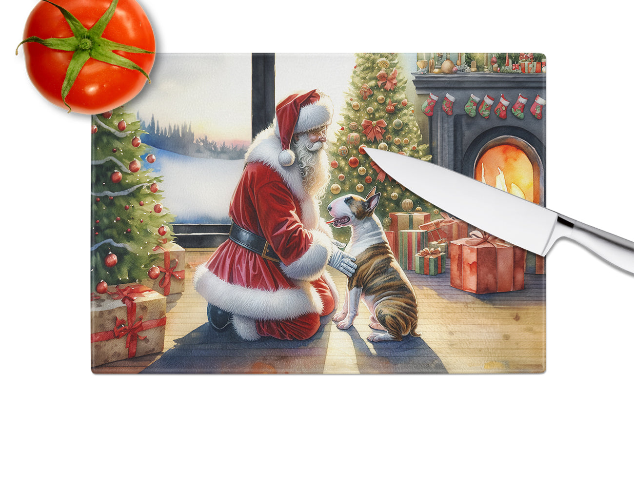 Bull Terrier and Santa Claus Glass Cutting Board