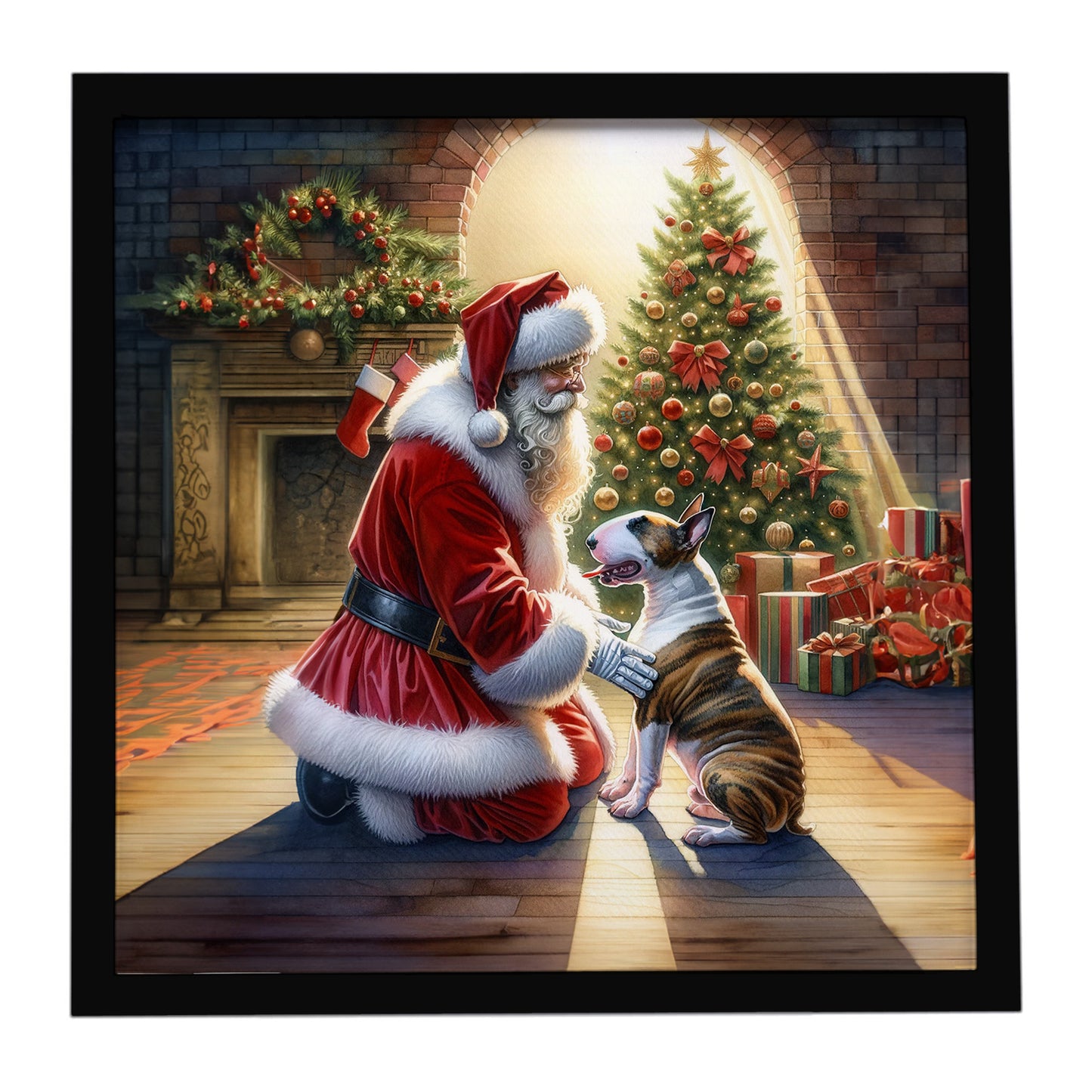 Buy this Bull Terrier and Santa Claus Framed Metal Print