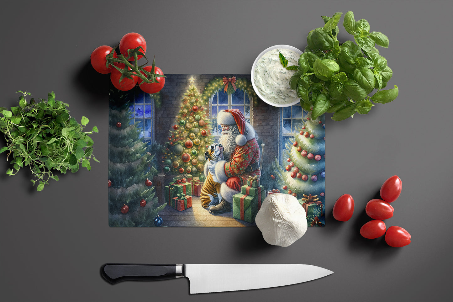 English Bulldog and Santa Claus Glass Cutting Board