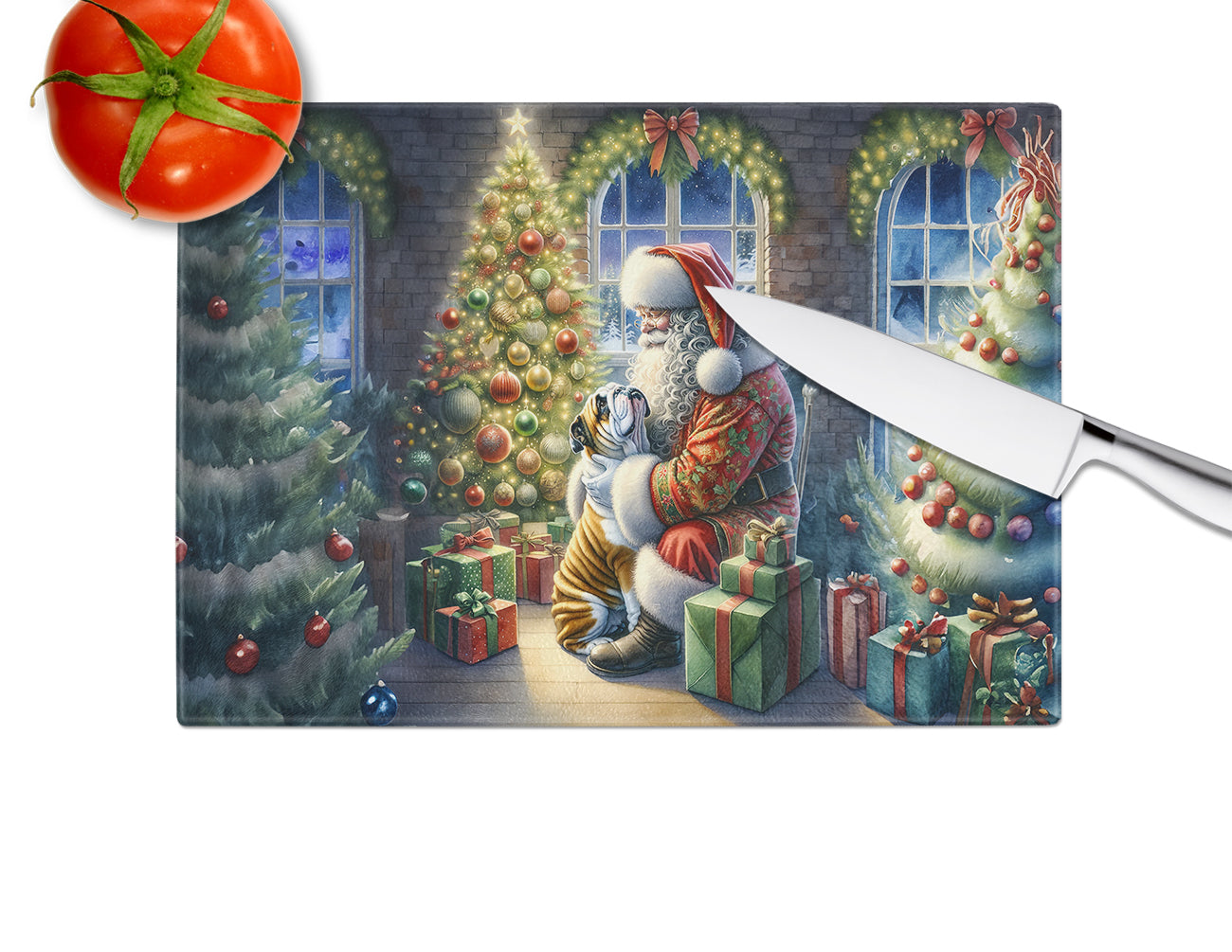 English Bulldog and Santa Claus Glass Cutting Board