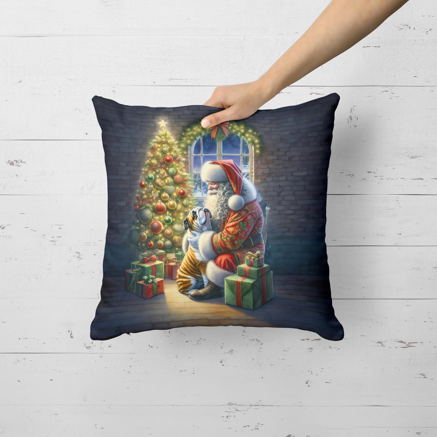 English Bulldog and Santa Claus Throw Pillow