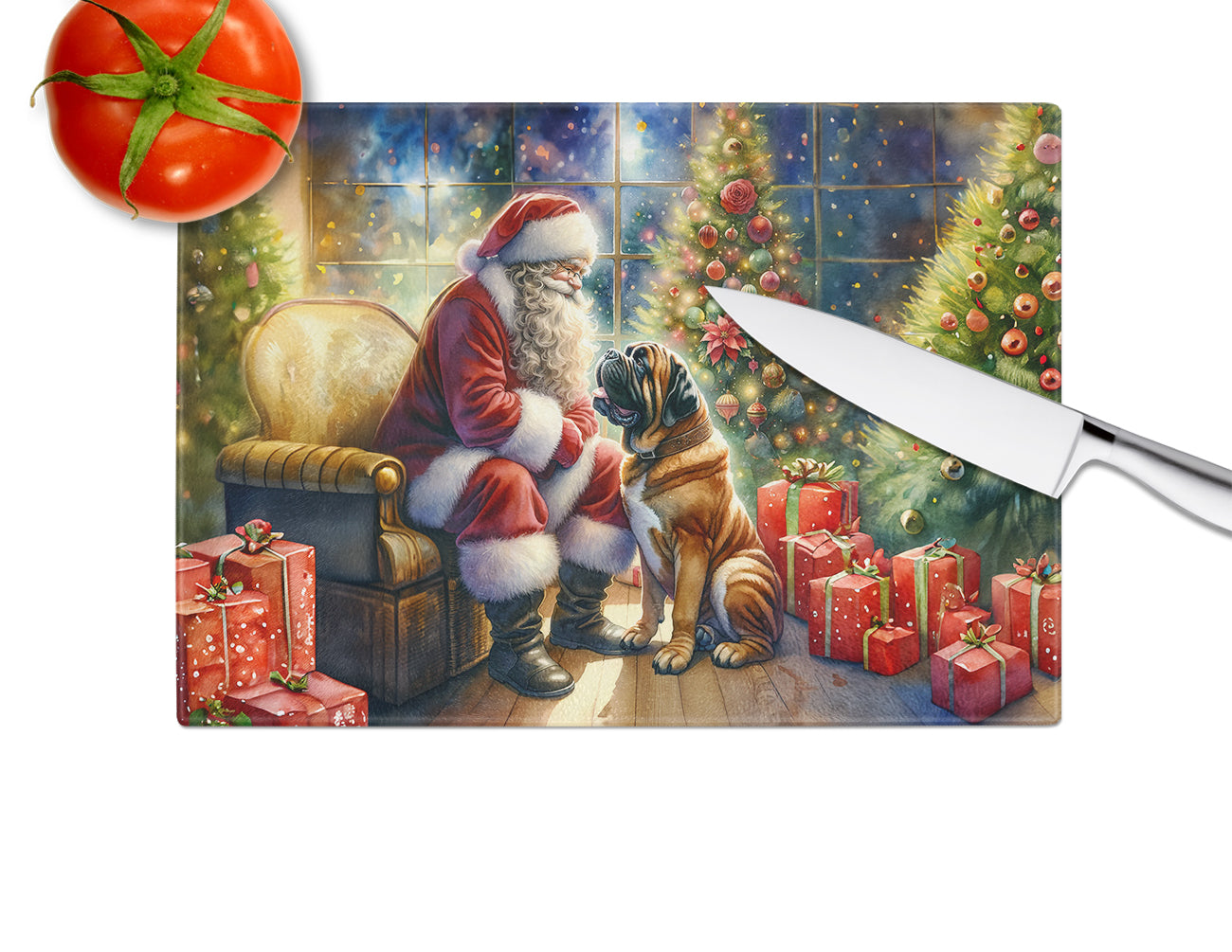 Bullmastiff and Santa Claus Glass Cutting Board