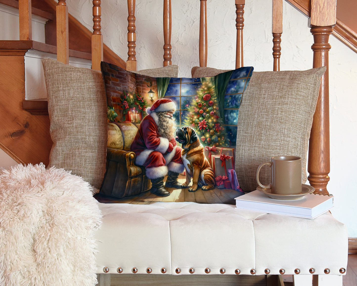 Bullmastiff and Santa Claus Throw Pillow