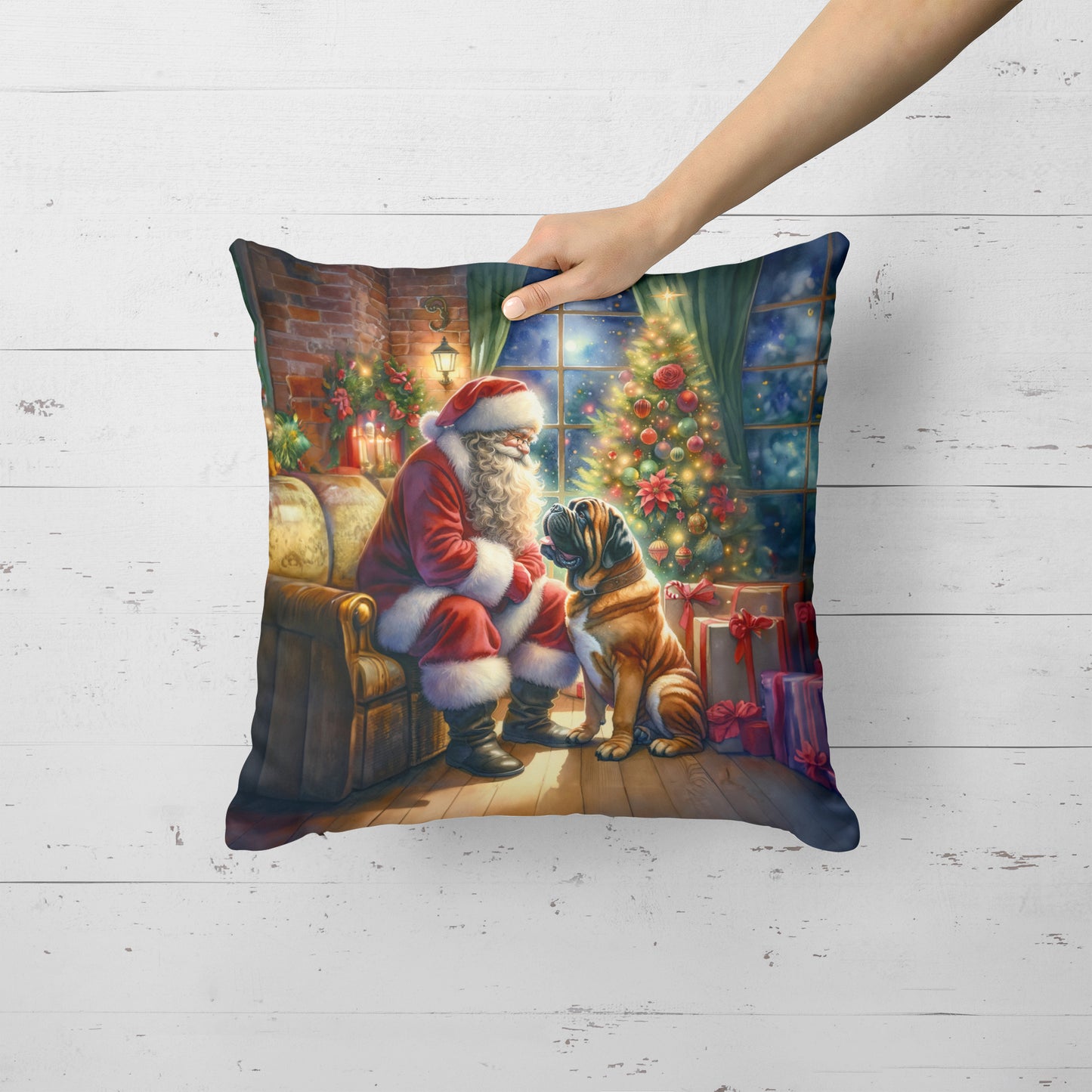 Bullmastiff and Santa Claus Throw Pillow