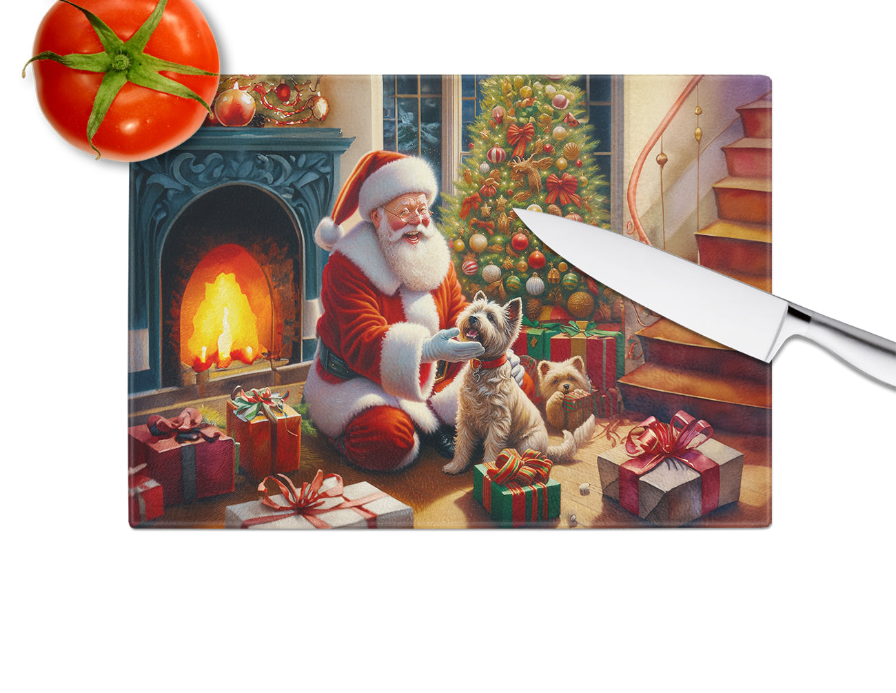 Cairn Terrier and Santa Claus Glass Cutting Board