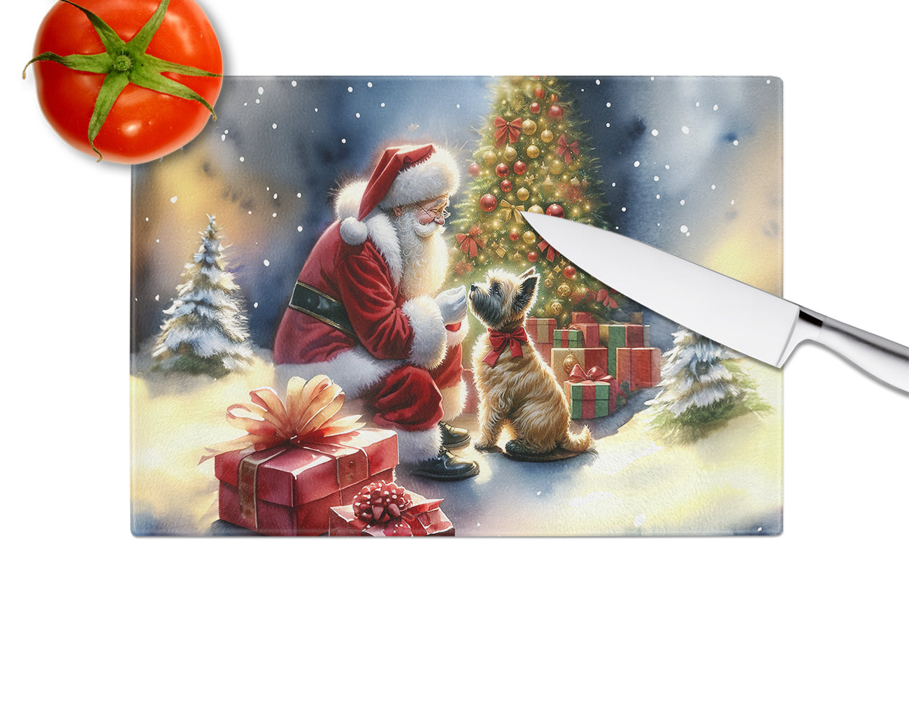 Cairn Terrier and Santa Claus Glass Cutting Board