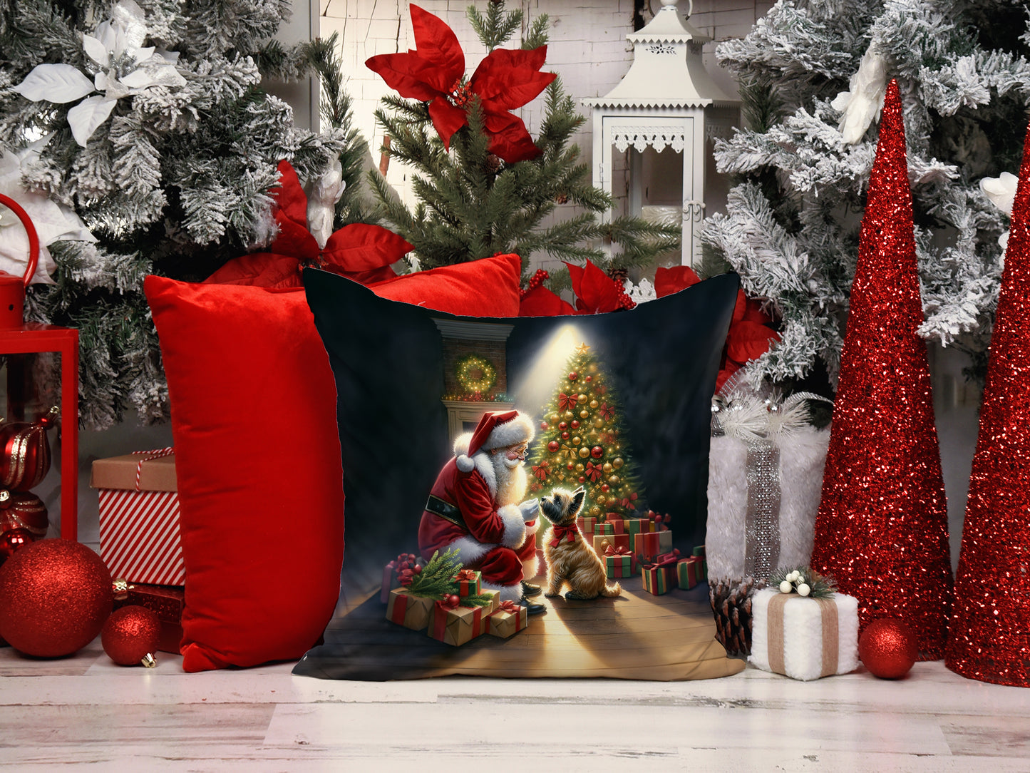 Cairn Terrier and Santa Claus Throw Pillow