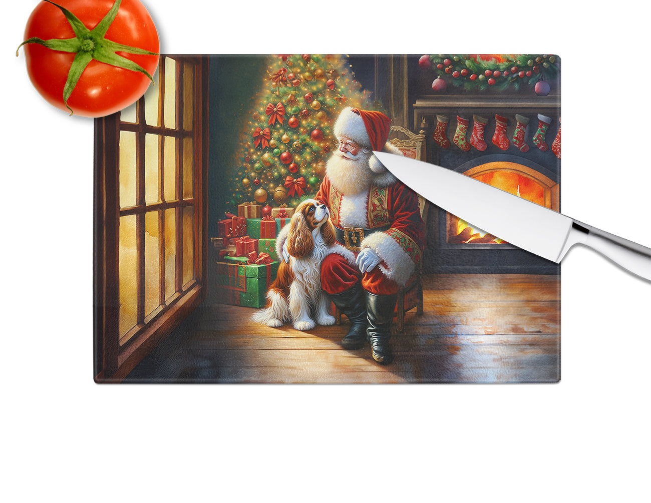 Cavalier Spaniel and Santa Claus Glass Cutting Board