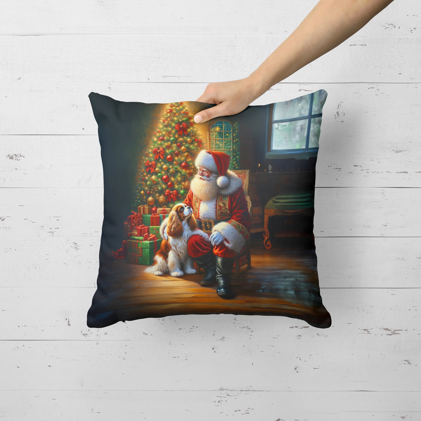 Cavalier Spaniel and Santa Claus Throw Pillow