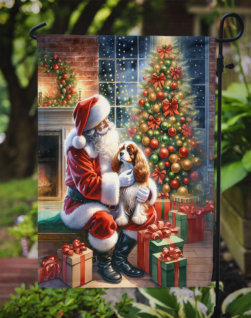 Cavalier Spaniel and Santa Claus Garden Flag