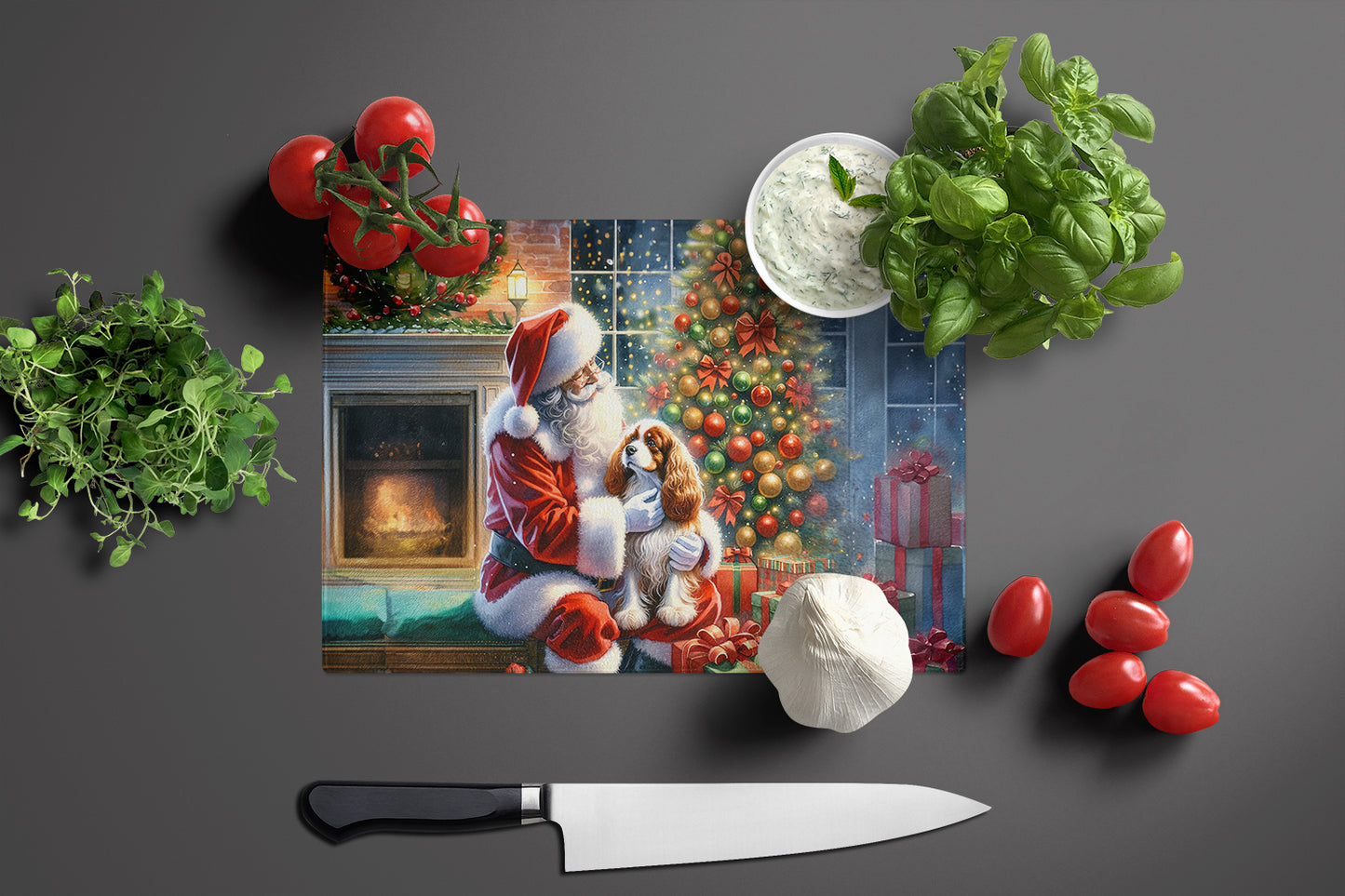 Cavalier Spaniel and Santa Claus Glass Cutting Board