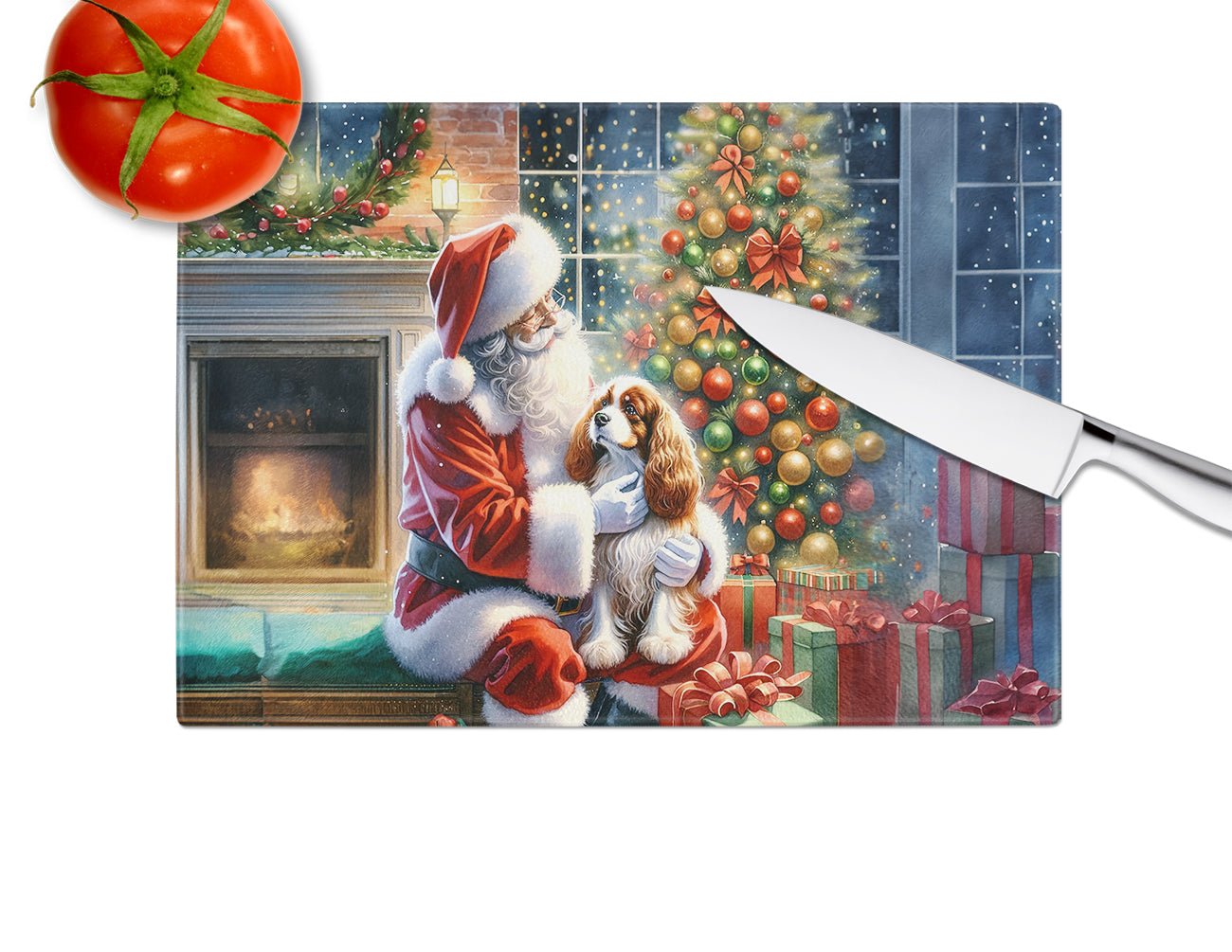 Cavalier Spaniel and Santa Claus Glass Cutting Board