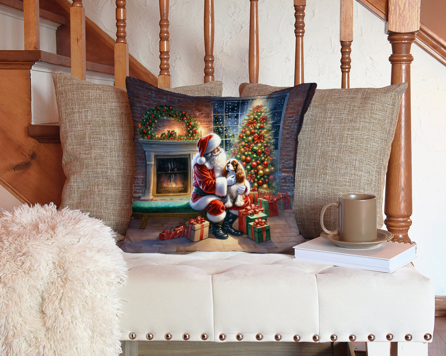 Cavalier Spaniel and Santa Claus Throw Pillow