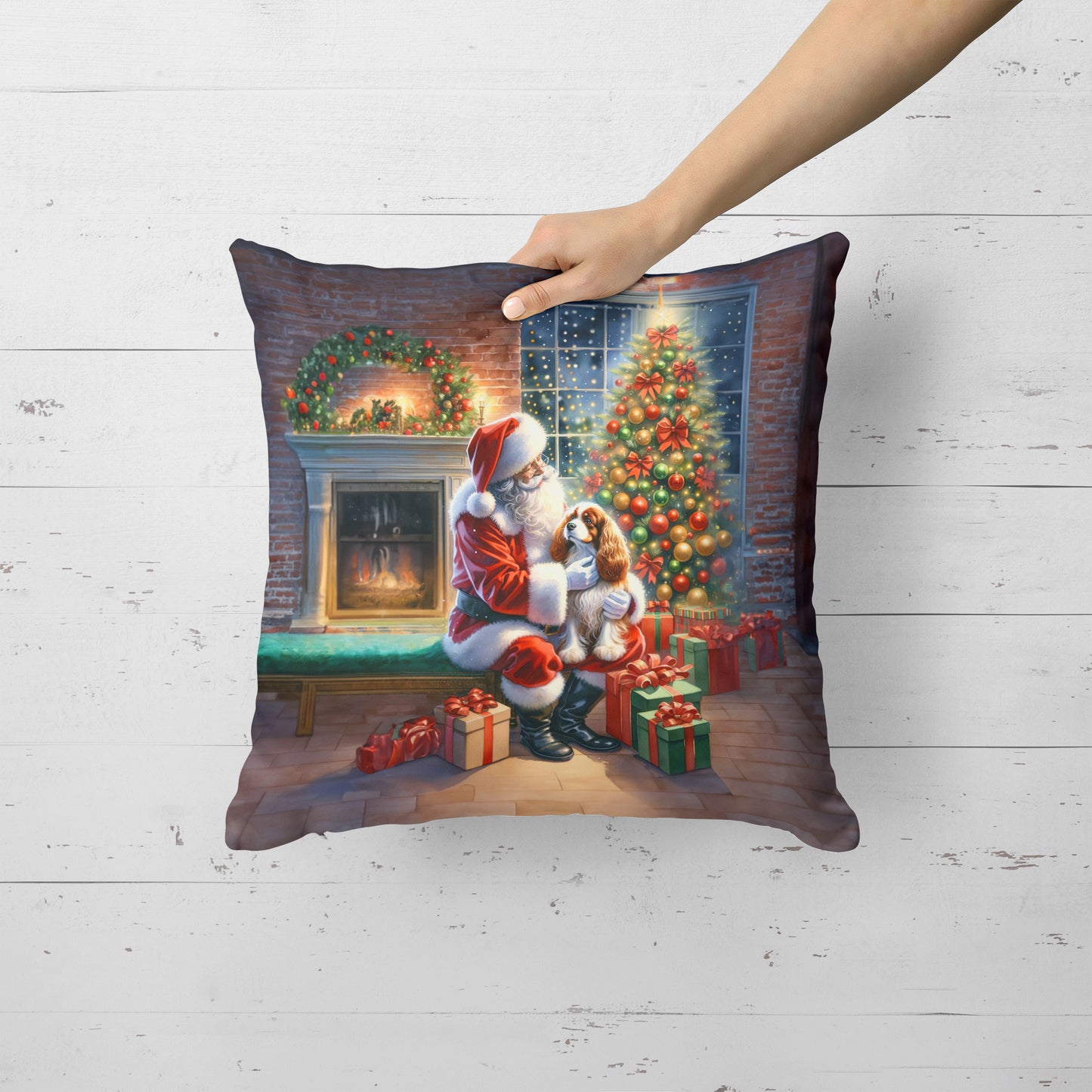 Cavalier Spaniel and Santa Claus Throw Pillow