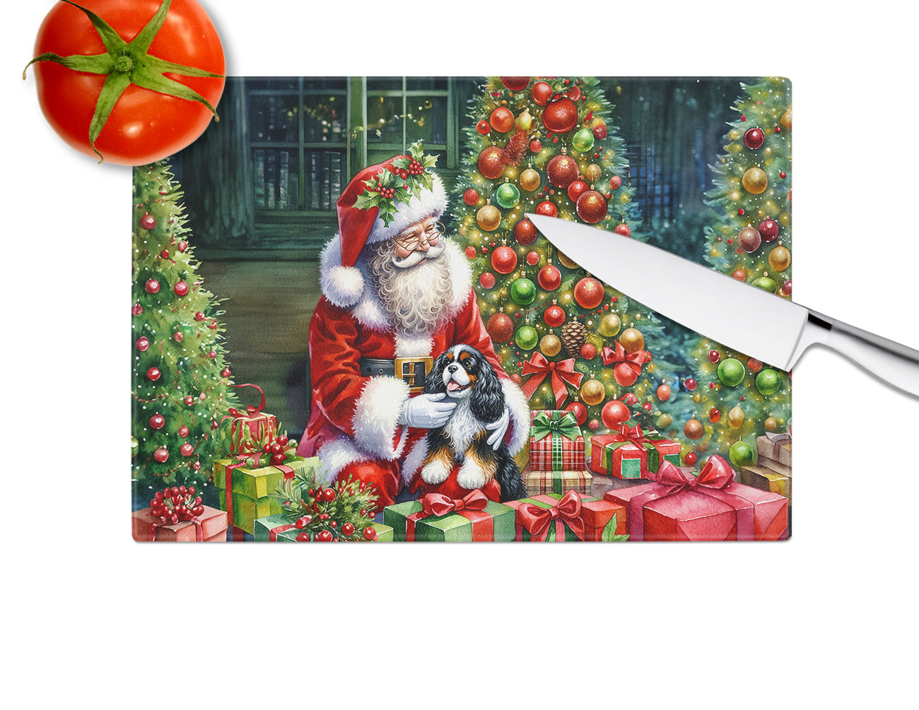 Cavalier Spaniel and Santa Claus Glass Cutting Board