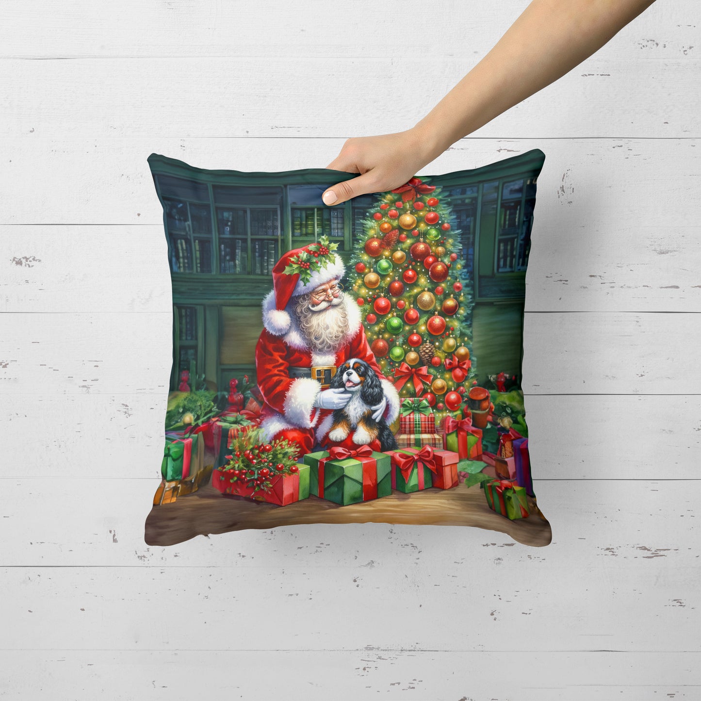 Cavalier Spaniel and Santa Claus Throw Pillow