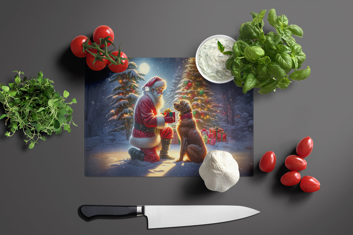 Chesapeake Bay Retriever and Santa Claus Glass Cutting Board