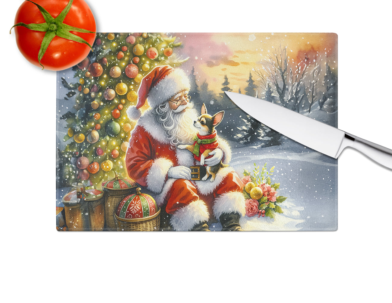 Chihuahua and Santa Claus Glass Cutting Board