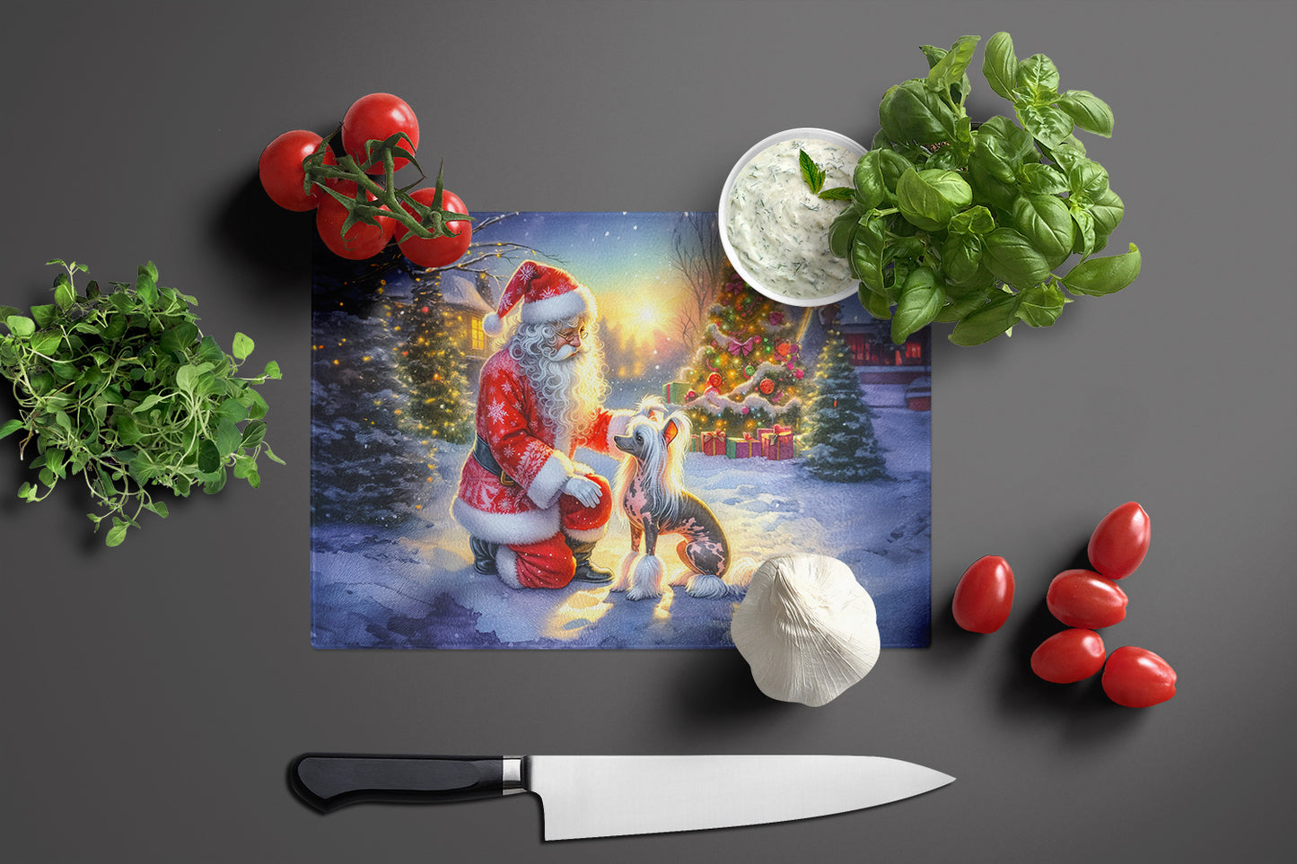 Chinese Crested and Santa Claus Glass Cutting Board