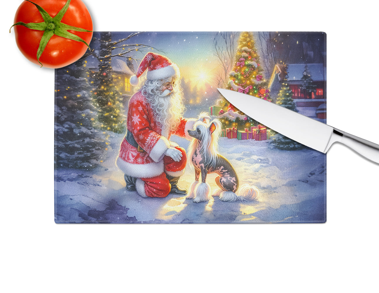 Chinese Crested and Santa Claus Glass Cutting Board