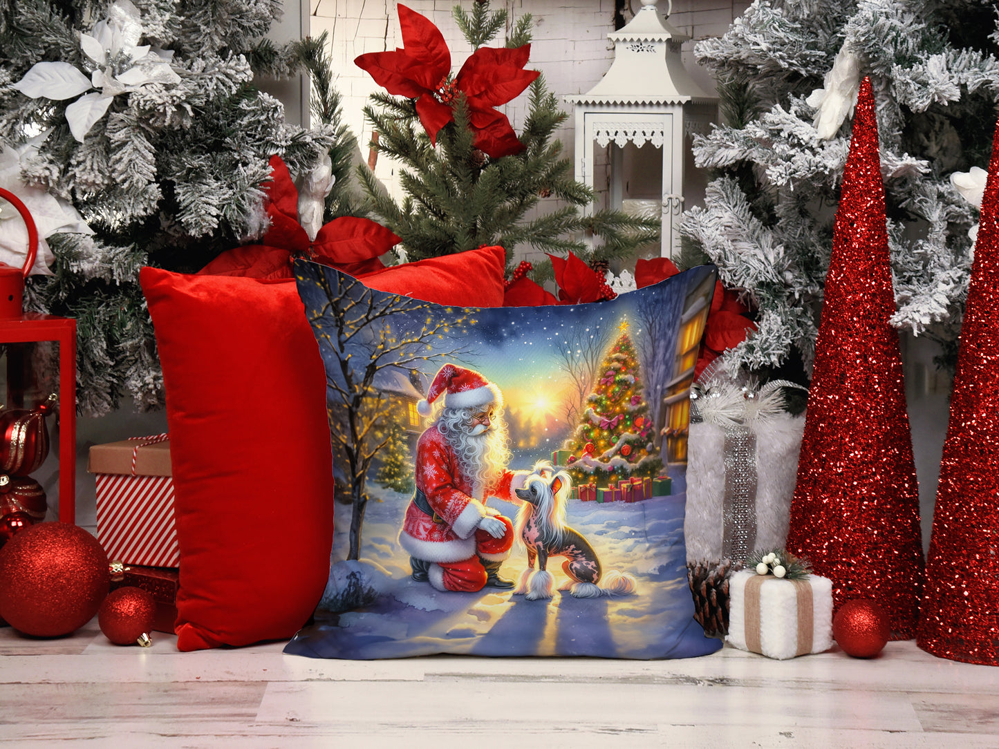 Chinese Crested and Santa Claus Throw Pillow