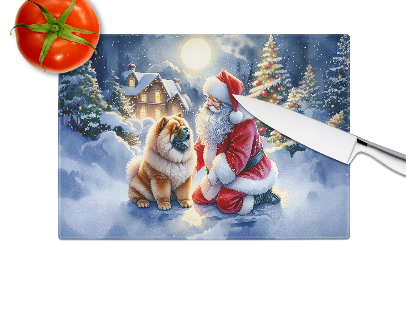 Chow Chow and Santa Claus Glass Cutting Board