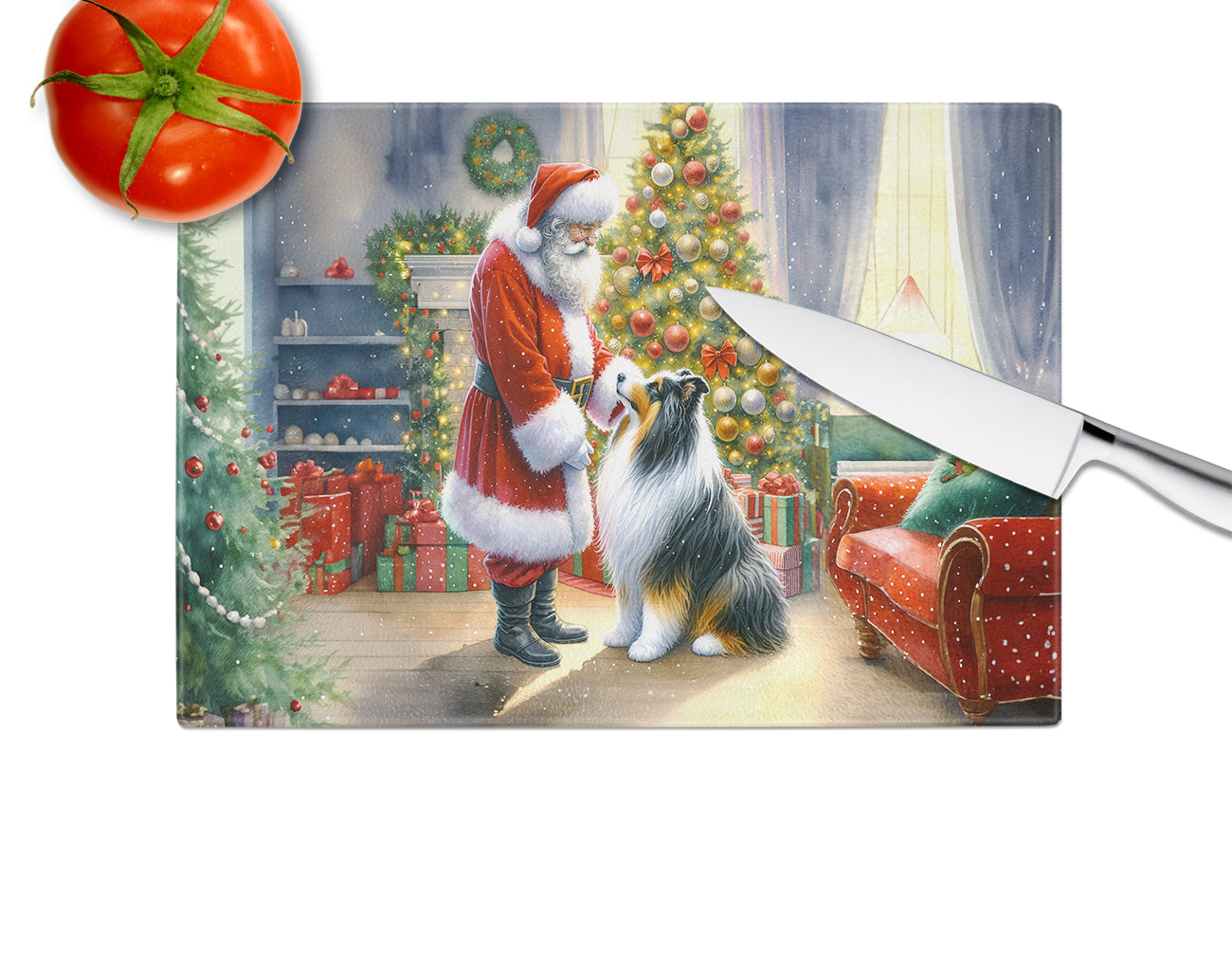 Collie and Santa Claus Glass Cutting Board