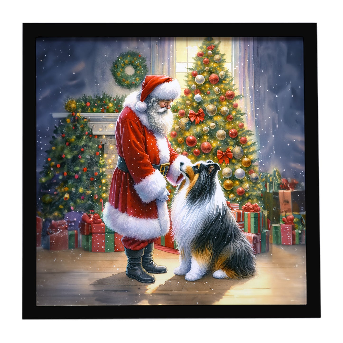Buy this Collie and Santa Claus Framed Metal Print