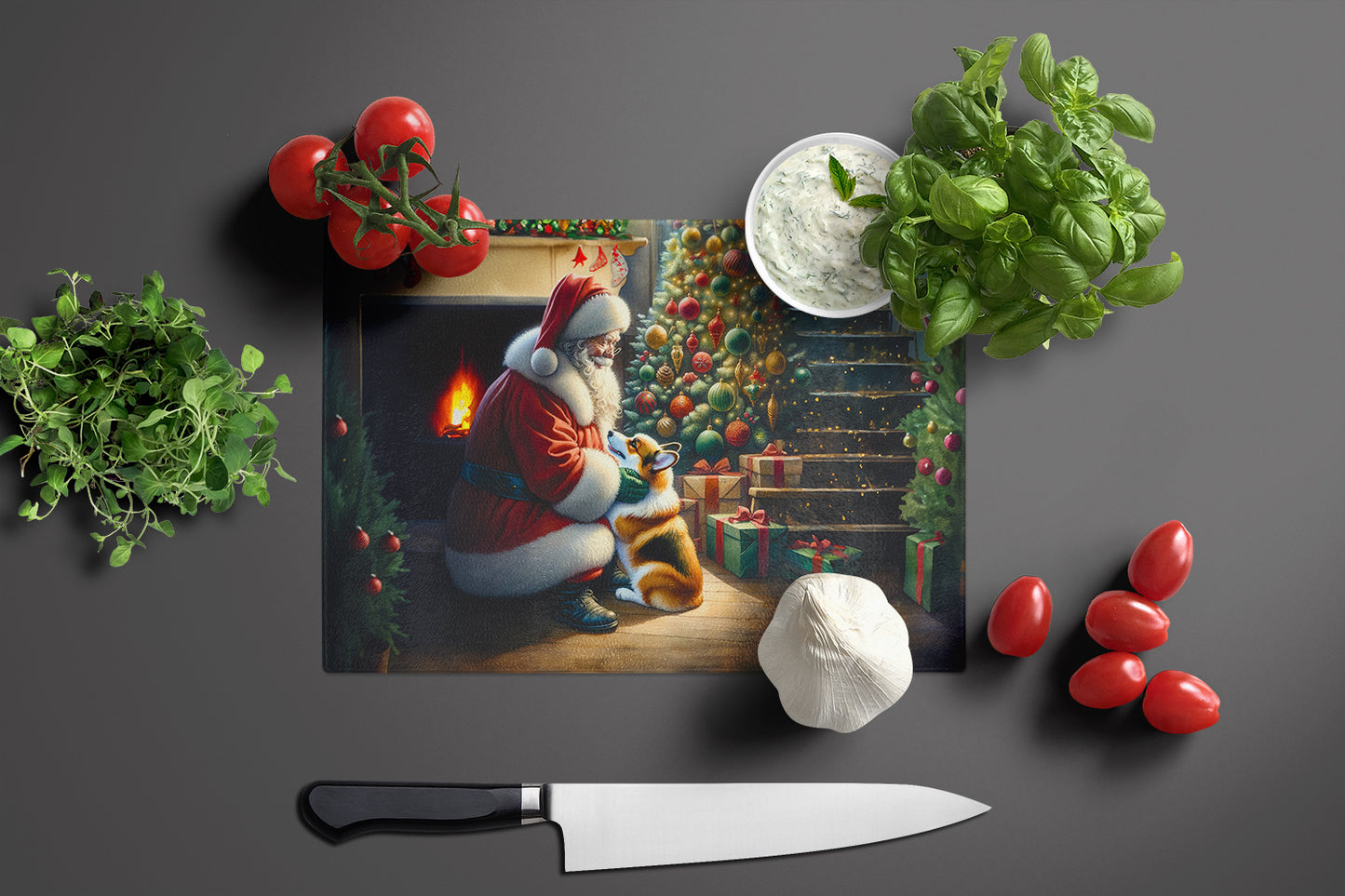 Corgi and Santa Claus Glass Cutting Board