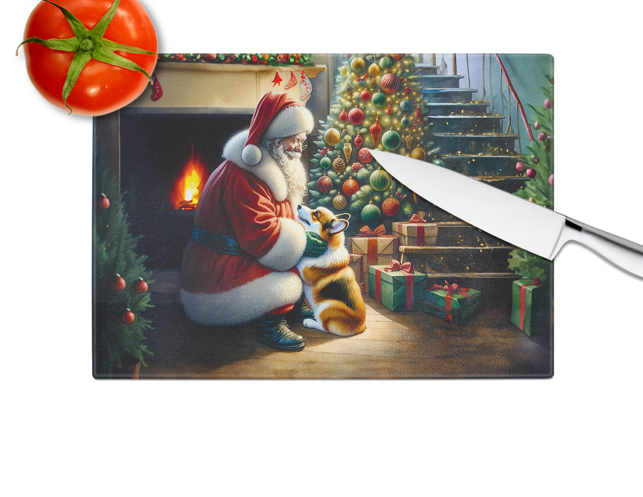 Corgi and Santa Claus Glass Cutting Board