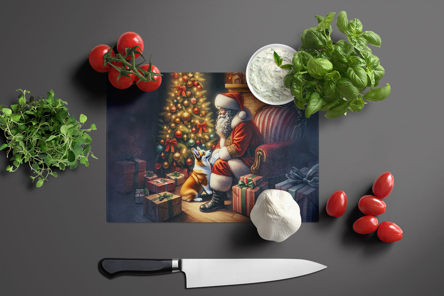 Corgi and Santa Claus Glass Cutting Board