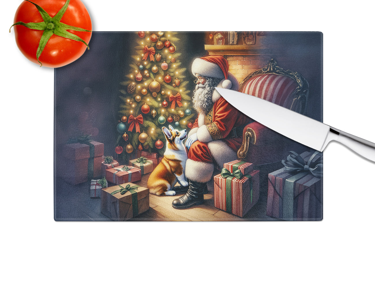 Corgi and Santa Claus Glass Cutting Board