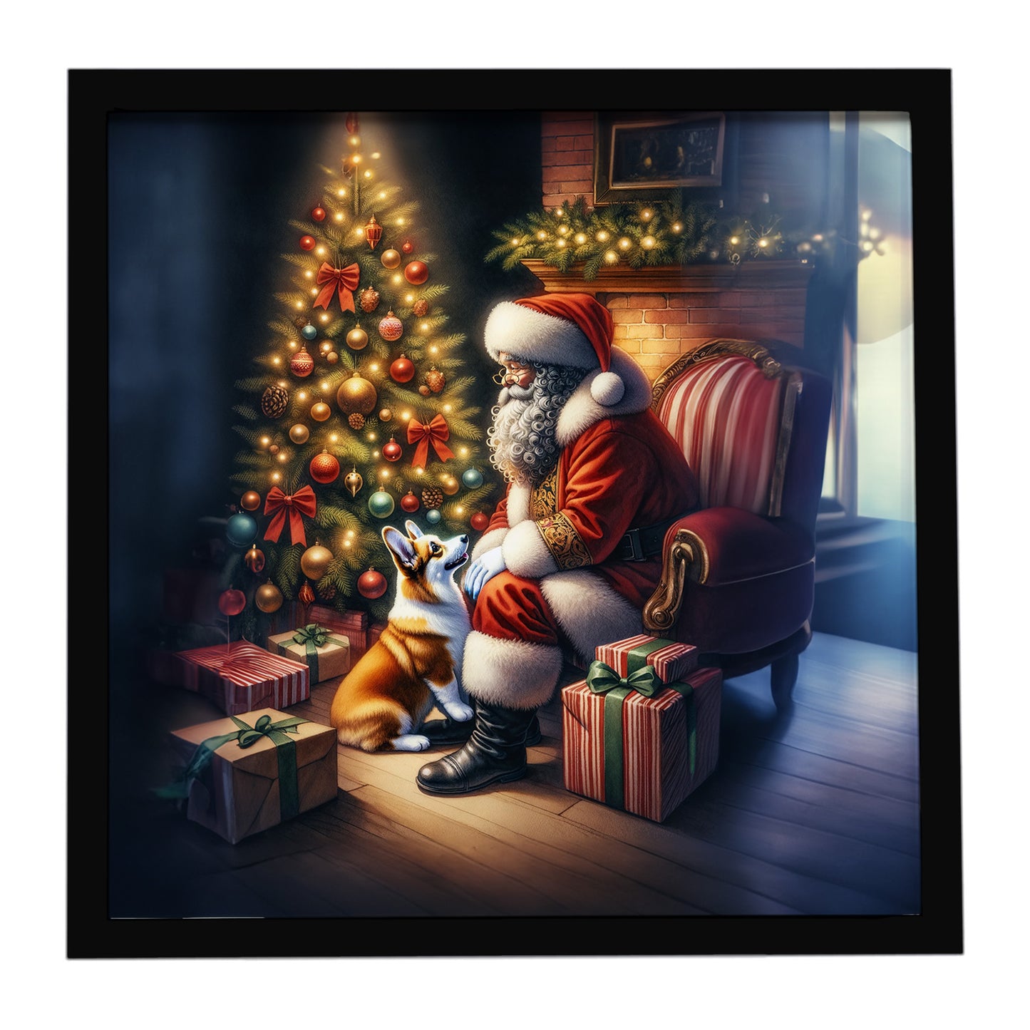 Buy this Corgi and Santa Claus Framed Metal Print