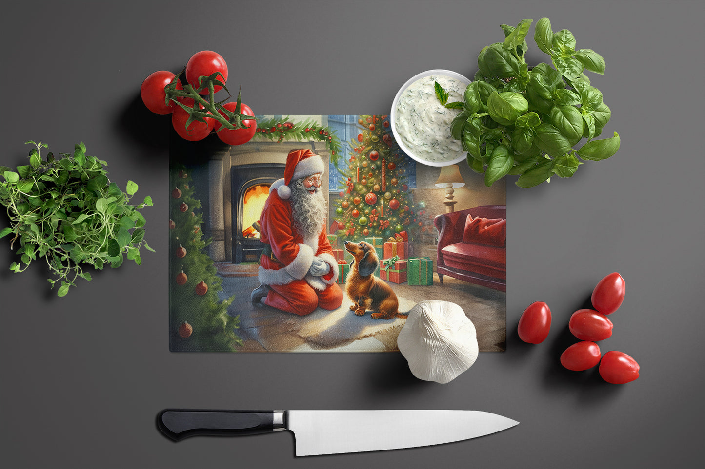 Dachshund and Santa Claus Glass Cutting Board