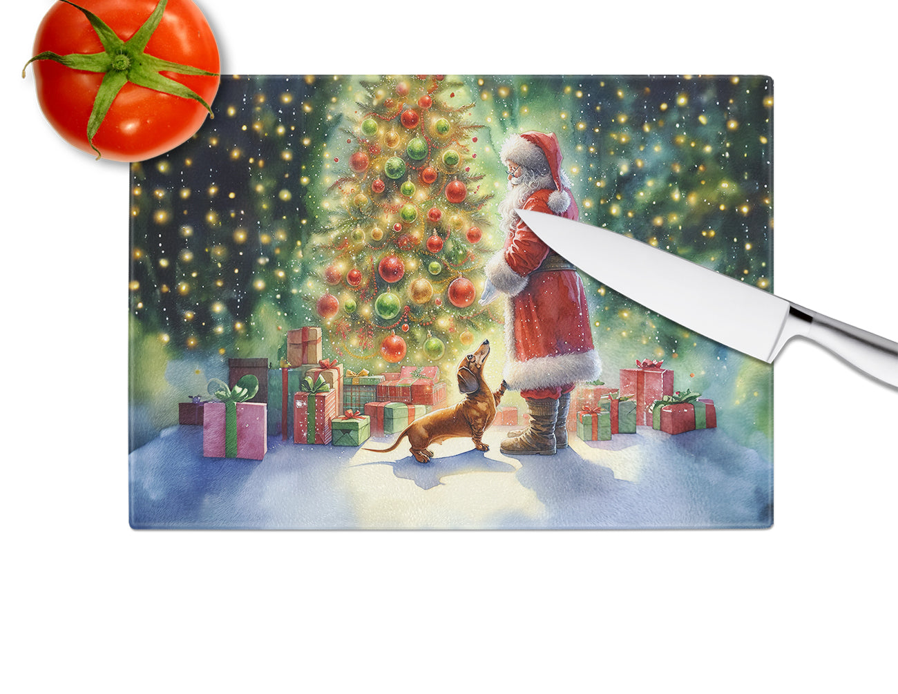 Dachshund and Santa Claus Glass Cutting Board