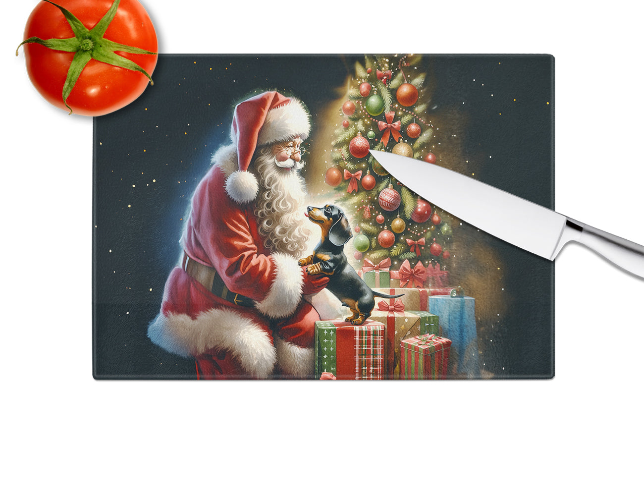 Dachshund and Santa Claus Glass Cutting Board