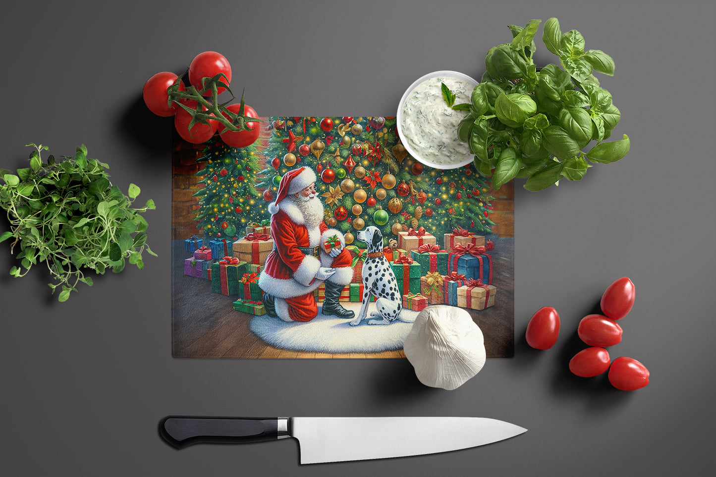 Dalmatian and Santa Claus Glass Cutting Board