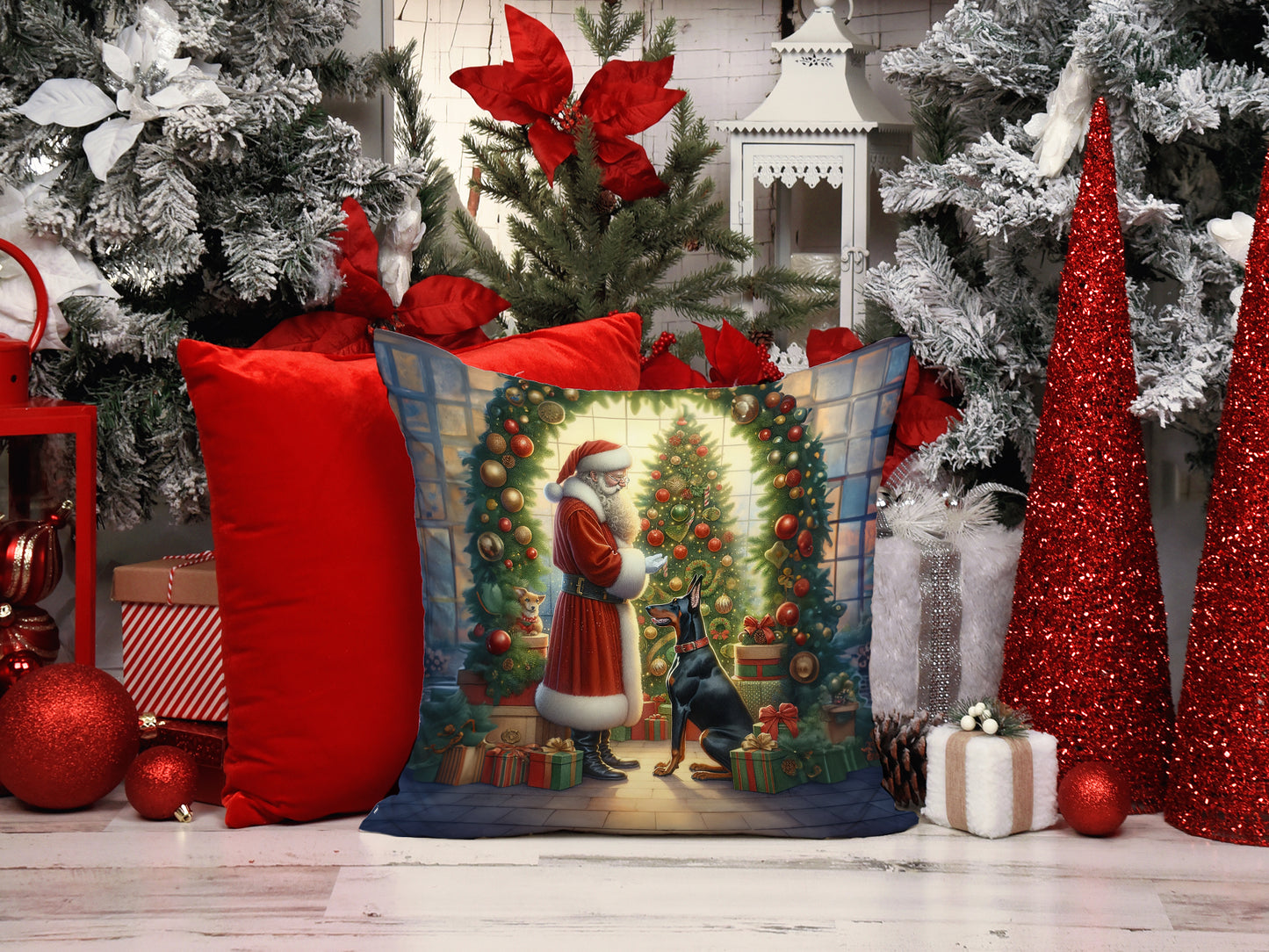 Doberman Pinscher and Santa Claus Throw Pillow