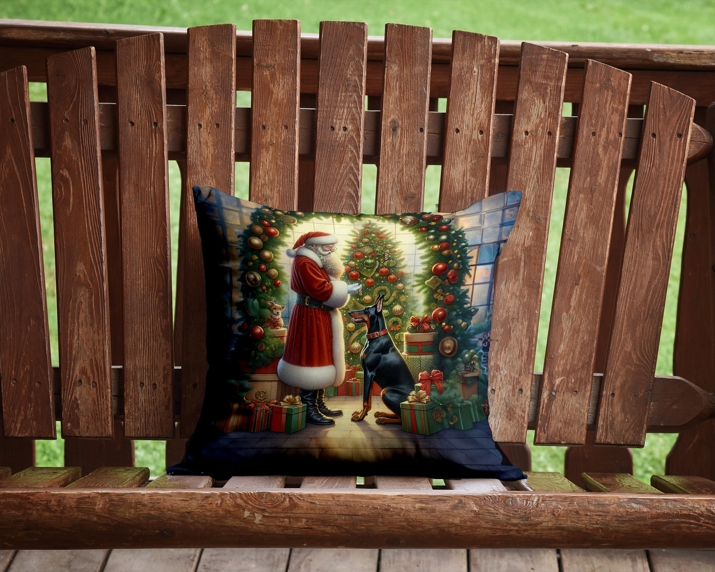 Doberman Pinscher and Santa Claus Throw Pillow